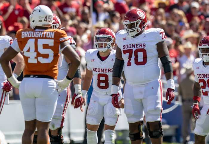 Oklahoma Sooners offensive lineman Cayden Green (70) lines up before a play against the Texas Longhorns.
